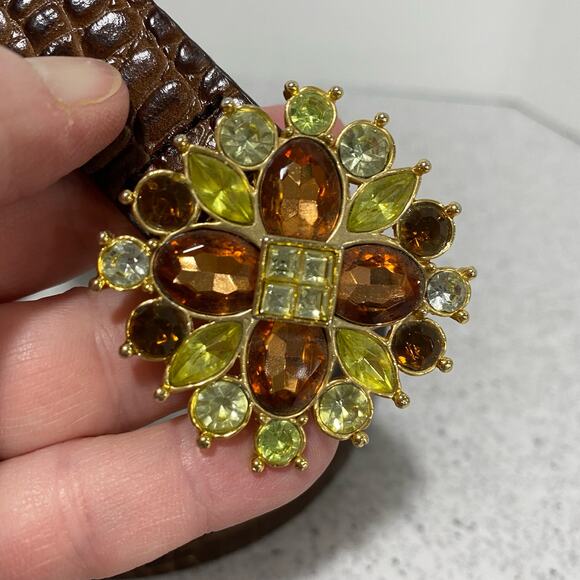 Liz Claiborne Y2K belt brown moc croc with colorful rhinestone buckle size L - Picture 2 of 9